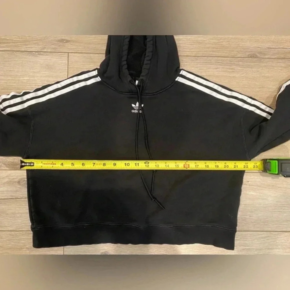 Adidas Women’s 100% Cotton Cropped Drawstring Hoodie Black White Stripes S‎ EUC - Picture 4 of 9